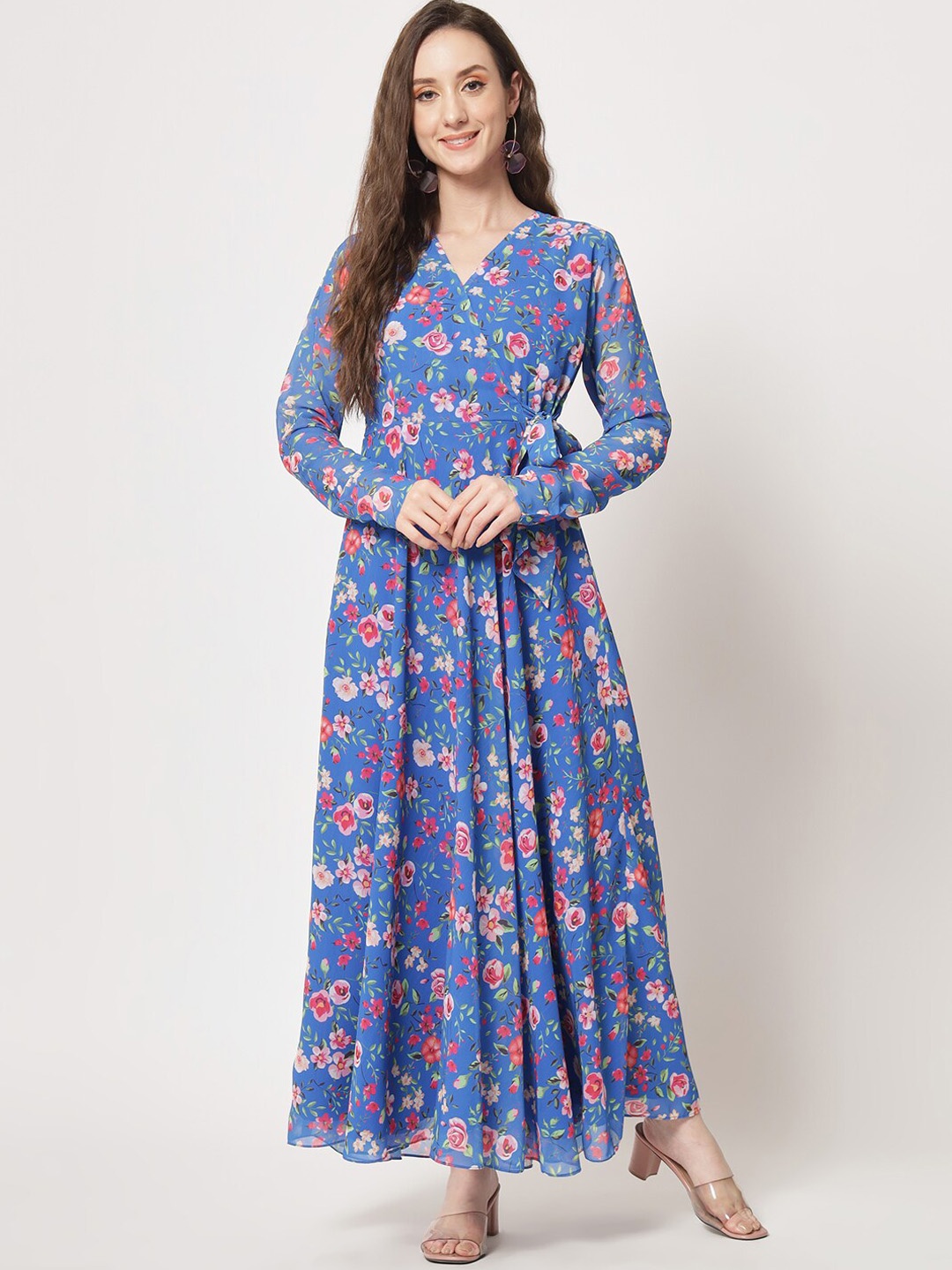 

KALINI Floral Printed Tie-Ups Georgette Fit & Flare Dress, Blue
