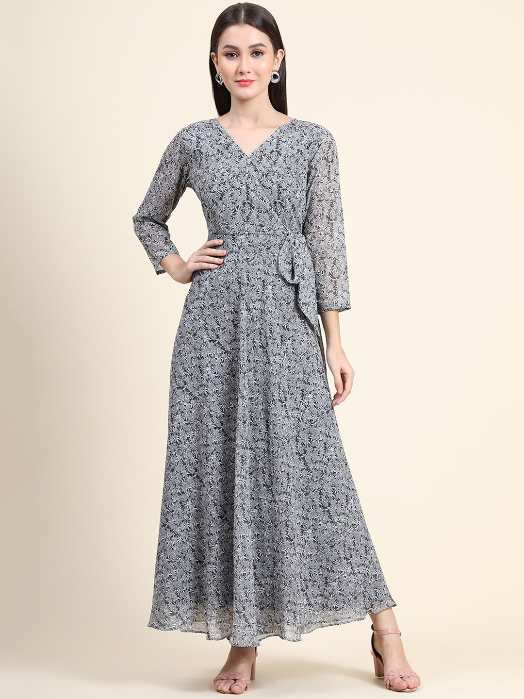 

KALINI Conversational Printed Tie-Ups Georgette Fit & Flare Dress, Grey