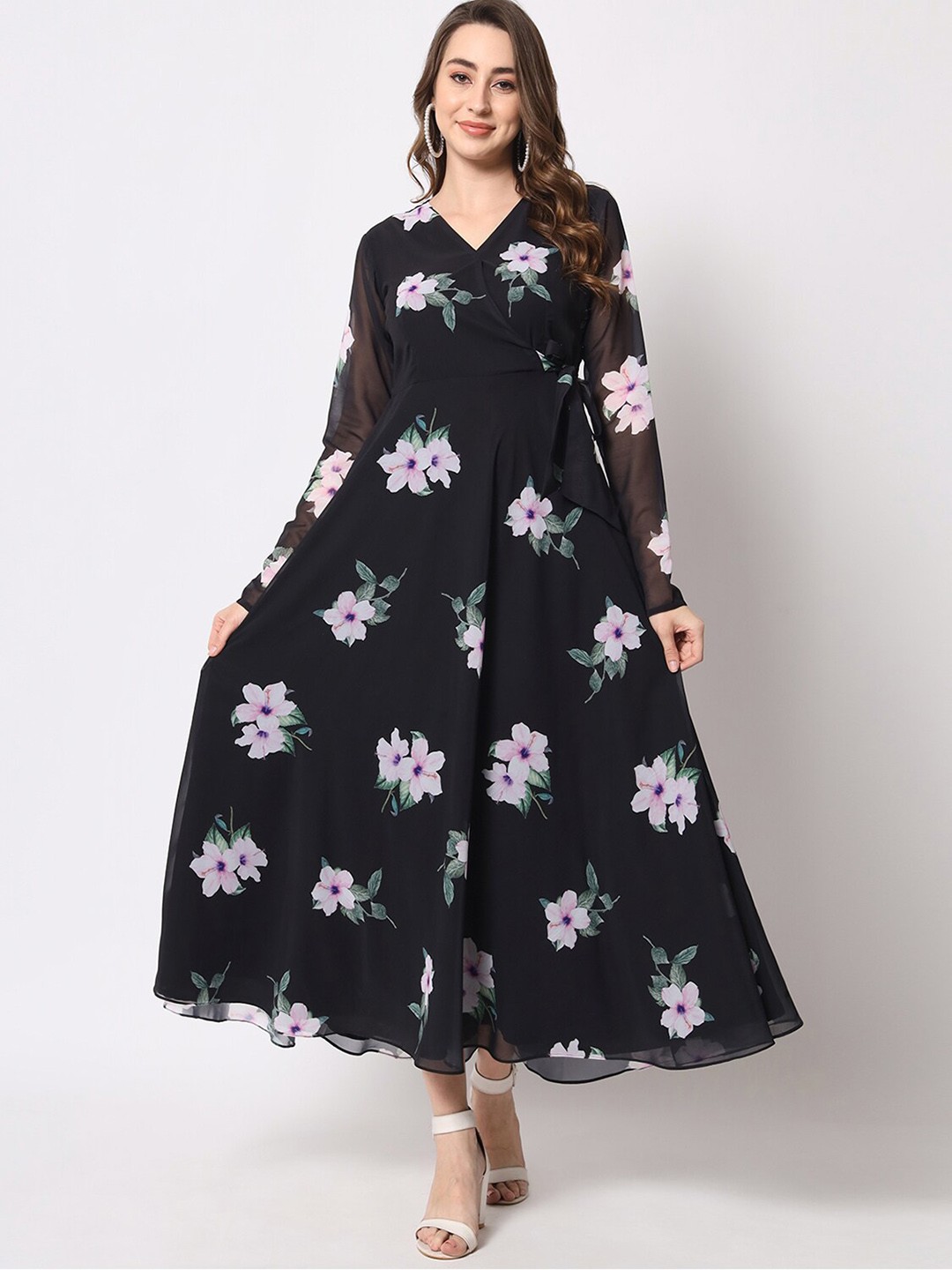 

KALINI Floral Printed Gathered Fit & Flared Midi Dress, Black