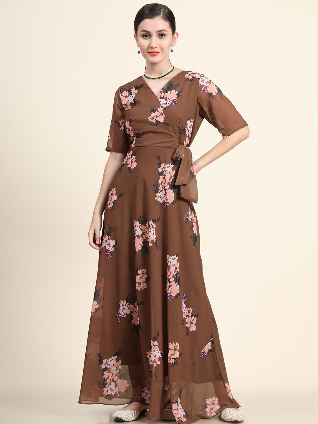 

KALINI Floral Printed Tie Ups Fit & Flare Maxi Dresses, Brown