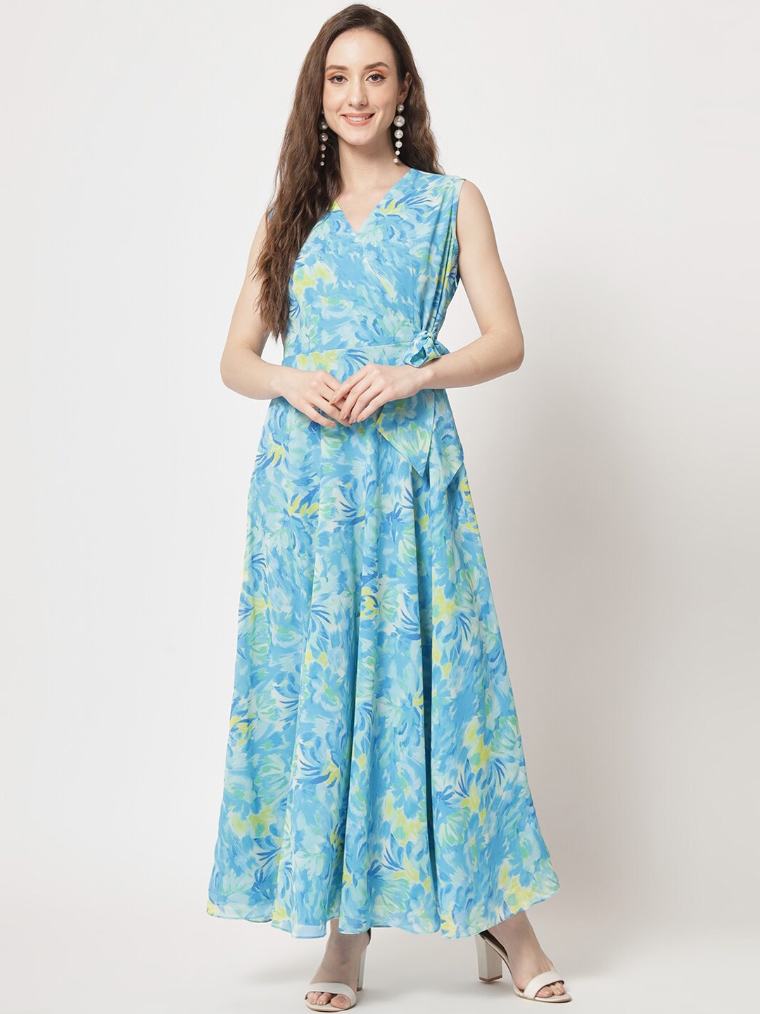 

KALINI Floral Printed Tie Ups Fit & Flare Maxi Dresses, Blue