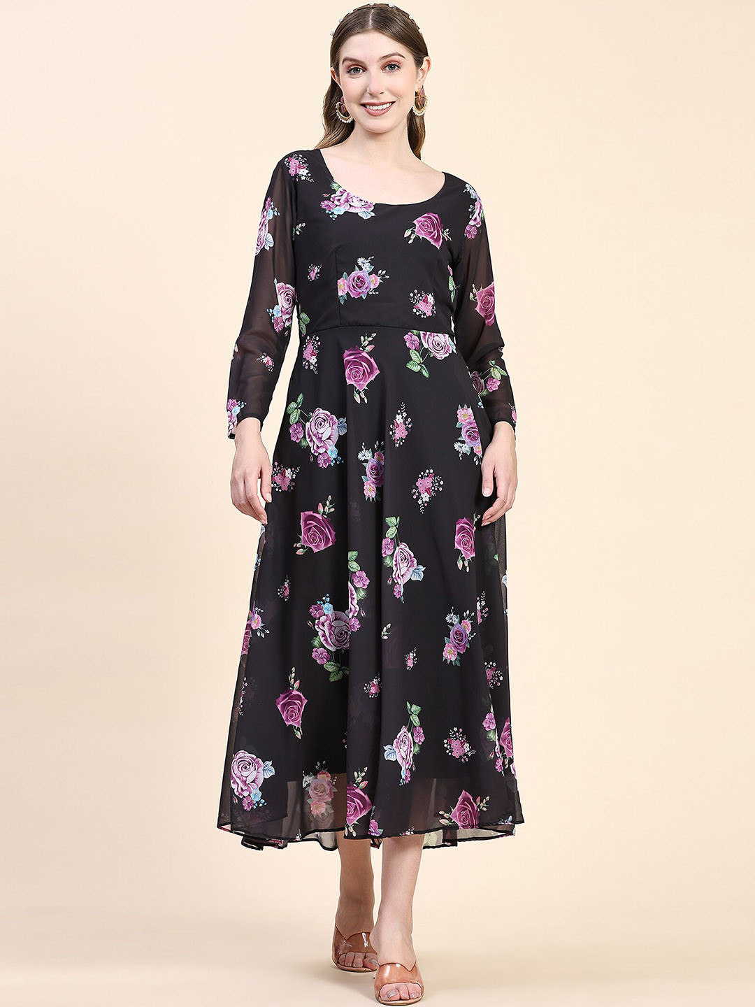 

KALINI Floral Printed Fit & Flared Midi Dress, Black