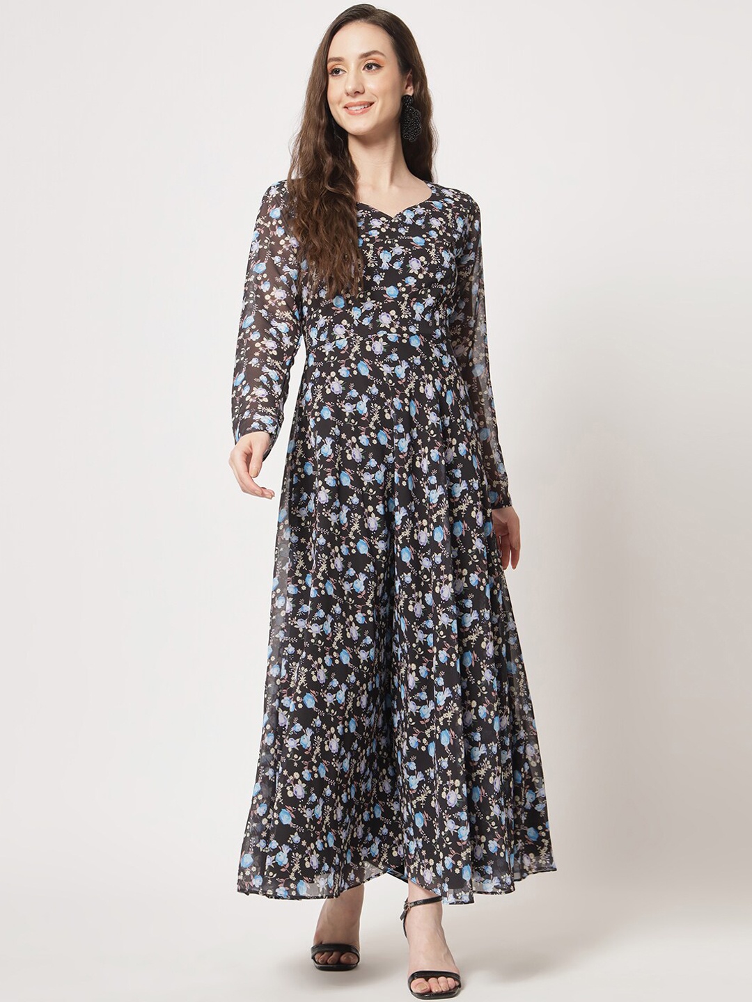 

KALINI Floral Printed V-Neck A-Line Maxi Dresses, Black