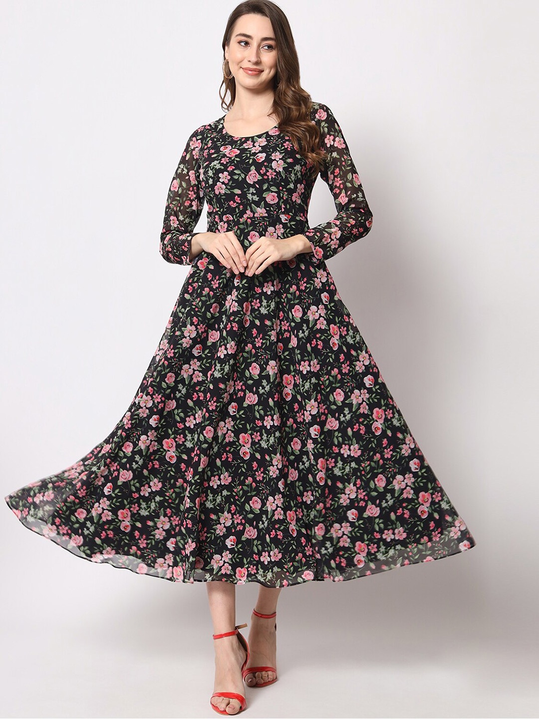 KALINI Floral Printed Fit & Flare Midi Dresses, Black