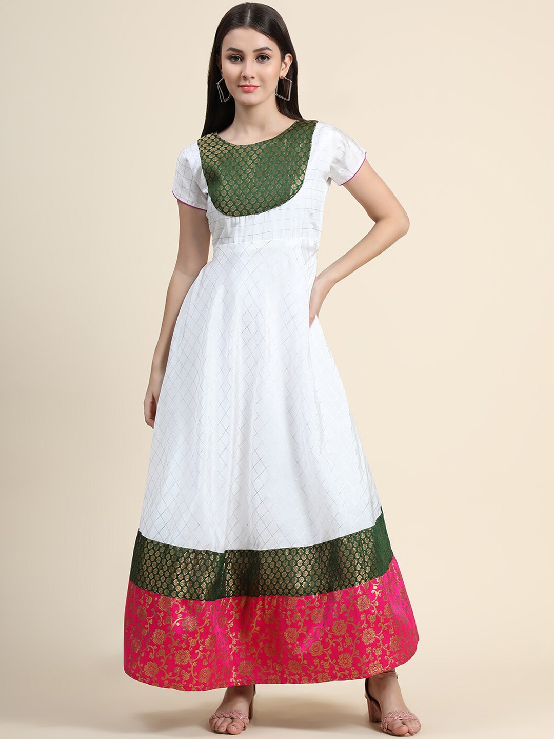 

KALINI Woven-Design Fit & Flared Maxi-Length Ethnic Dress, White