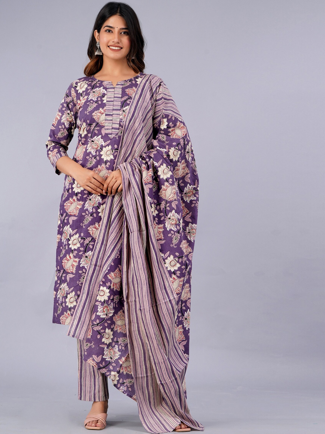 

KALINI Ethnic Motifs Printed Pure Cotton Kurta With Trousers & With Dupatta, Purple