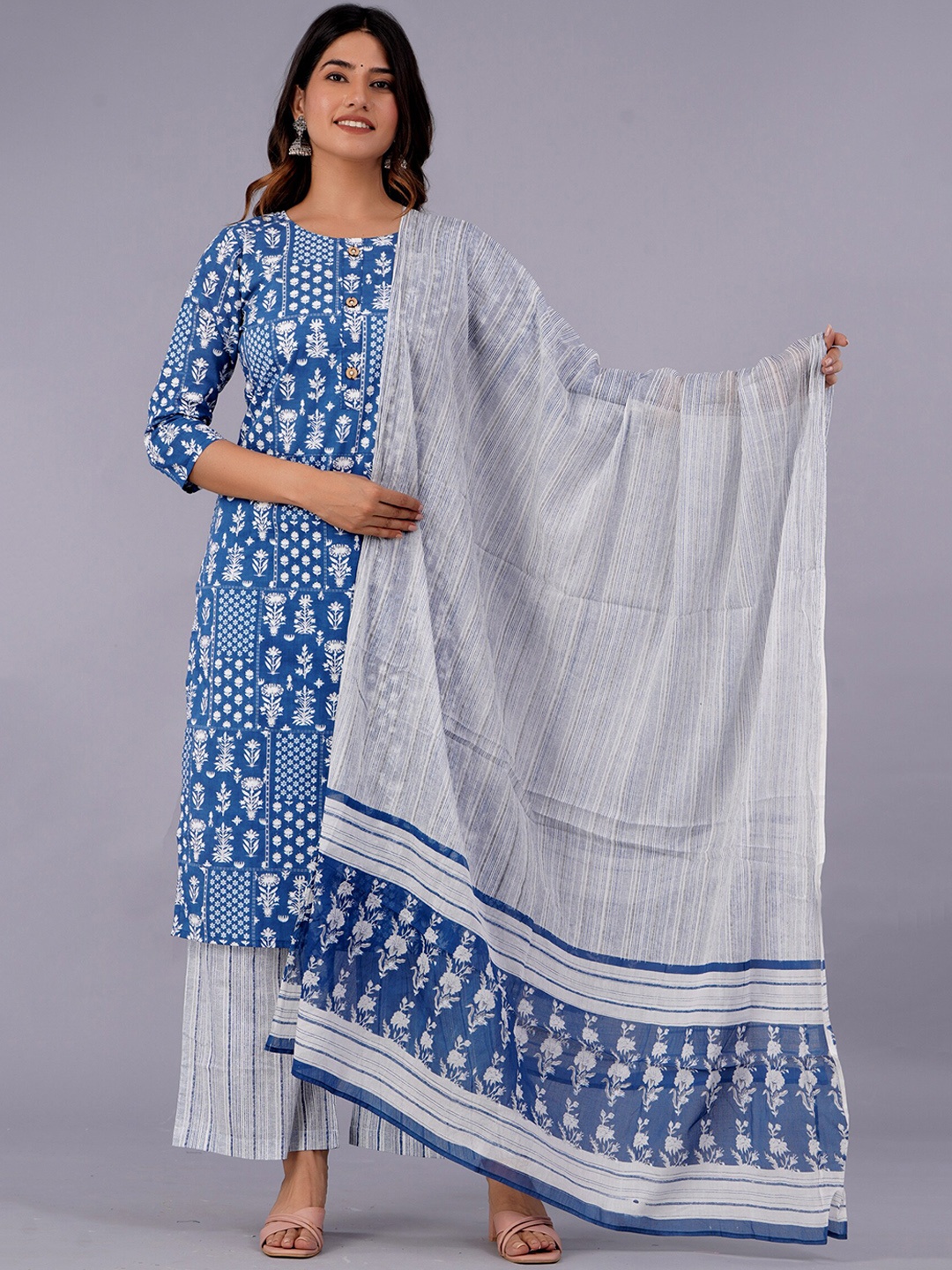 

KALINI Ethnic Motifs Printed Pure Cotton Kurta With Palazzo & With Dupatta, Blue