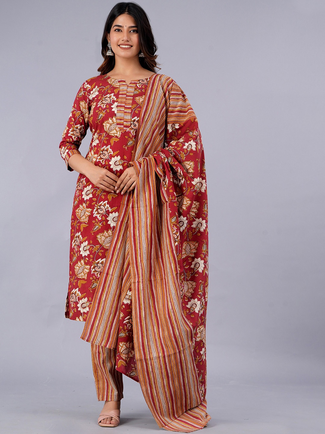 

KALINI Ethnic Motifs Printed Pure Cotton Kurta With Trousers & With Dupatta, Maroon