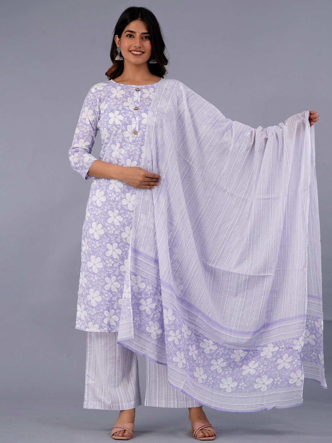 

KALINI Floral Printed Pure Cotton Kurta With Palazzo & With Dupatta, Lavender