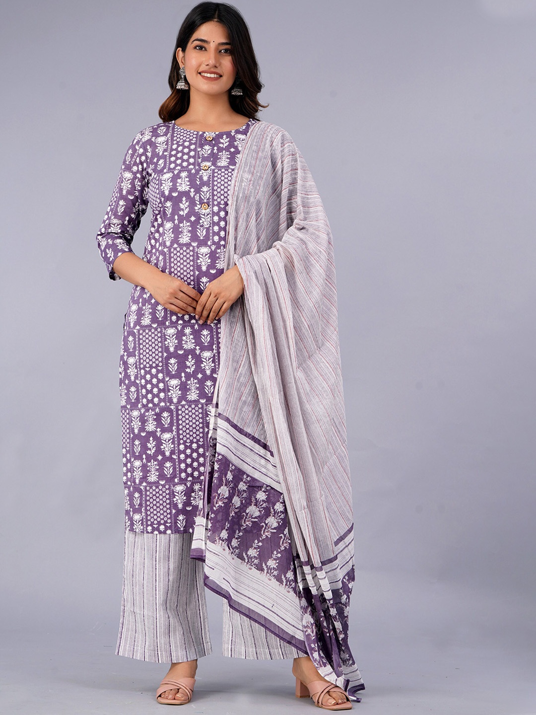 

KALINI Ethnic Motifs Printed Pure Cotton Kurta With Palazzo & With Dupatta, Purple