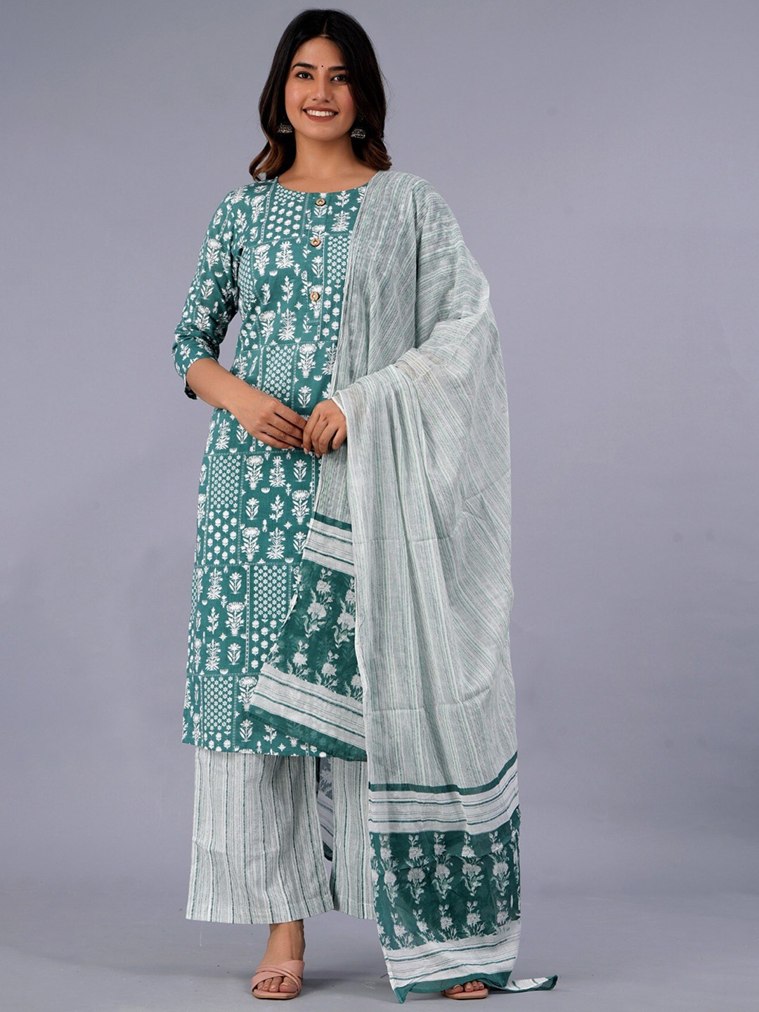 

KALINI Ethnic Motifs Printed Pure Cotton Kurta With Palazzo & With Dupatta, Teal