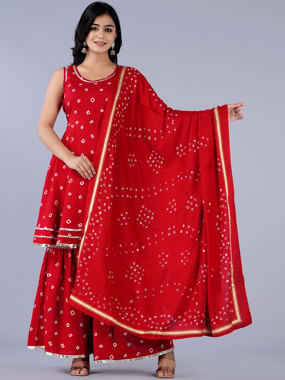 

KALINI Bandhani Printed Kurta With Sharara & With Dupatta, Red