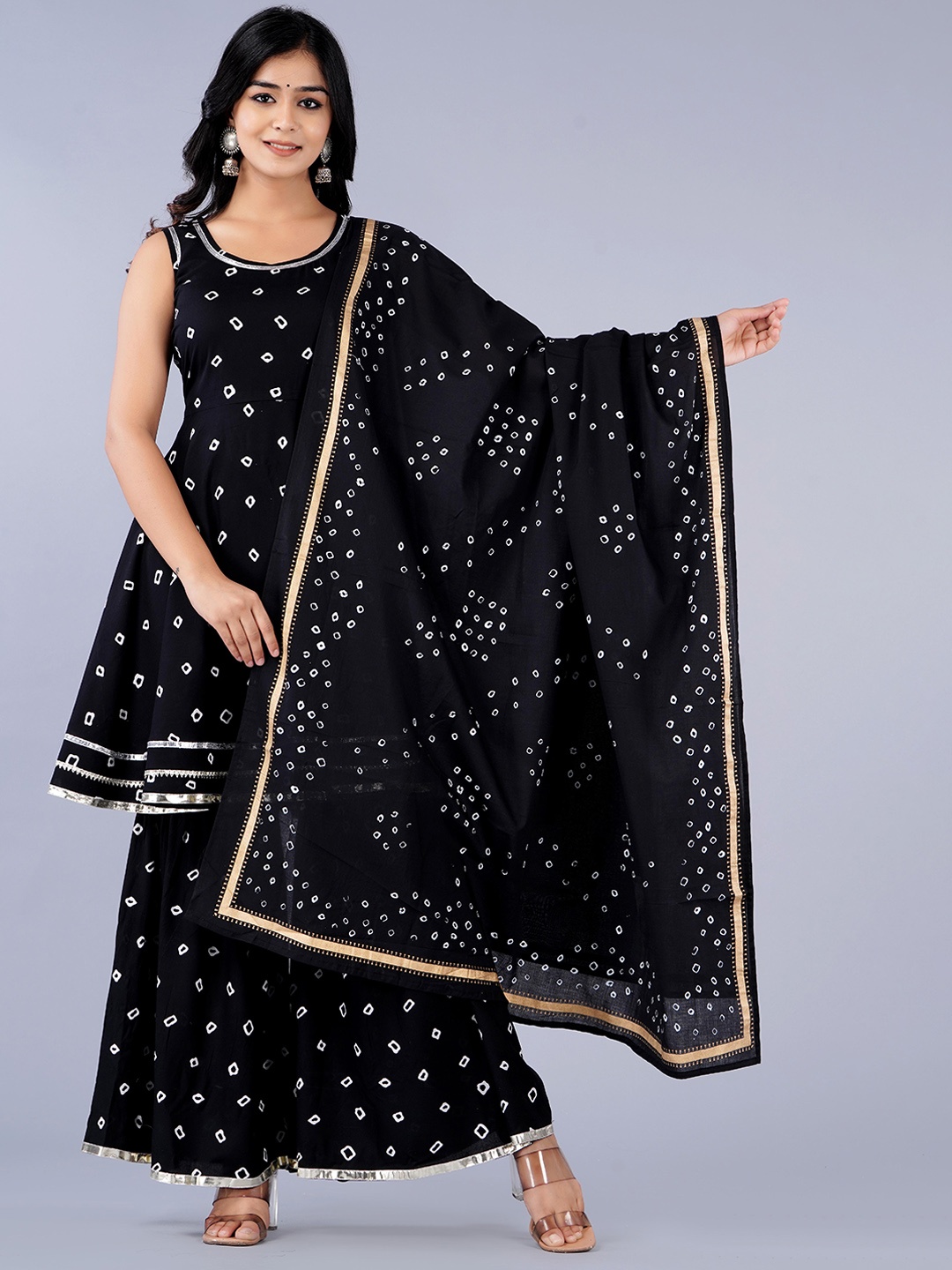 

KALINI Bandhani Printed Kurta With Sharara & With Dupatta, Black