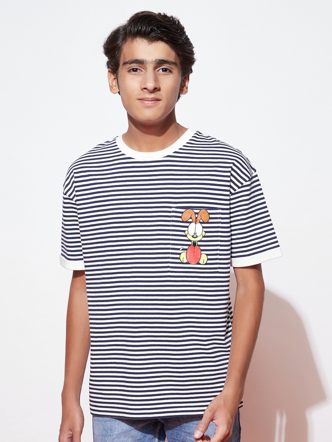 

SPUNKIES Boys Garfield Striped Drop-Shoulder Sleeves Organic Cotton Antimicrobial T-shirt, Navy blue