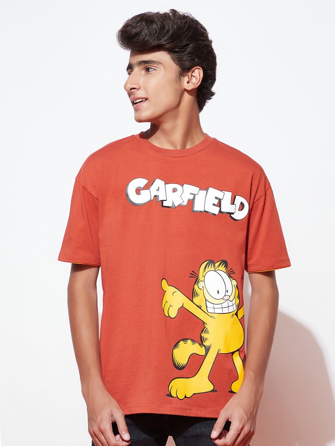 

SPUNKIES Boys Garfield Printed Drop-Shoulder Organic Cotton Antimicrobial T-shirt, Maroon