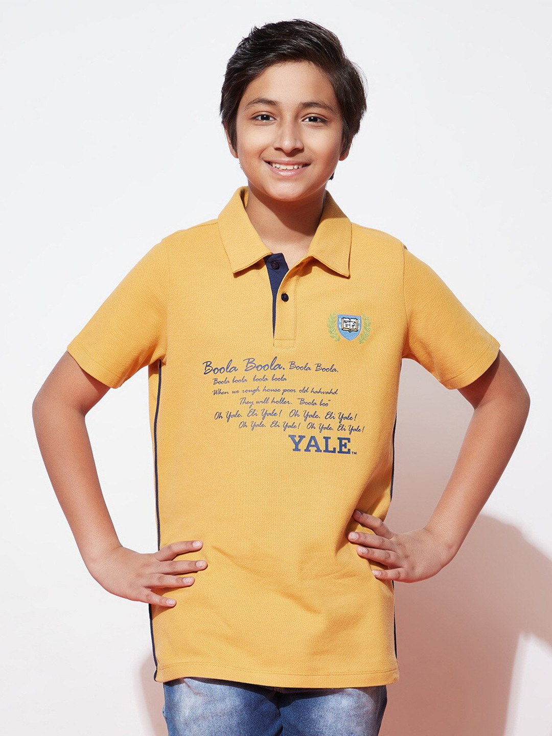 

SPUNKIES Boys Typography Printed Polo Collar Organic Cotton Antimicrobial T-shirt, Mustard