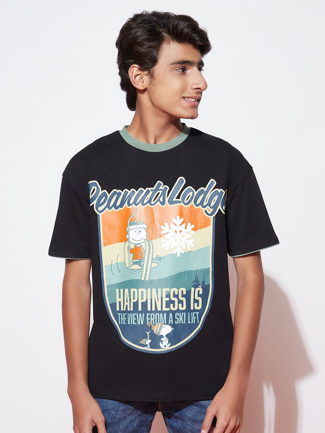 

SPUNKIES Boys Peanuts Typography Printed Organic Cotton Antimicrobial Oversized T-Shirt, Black