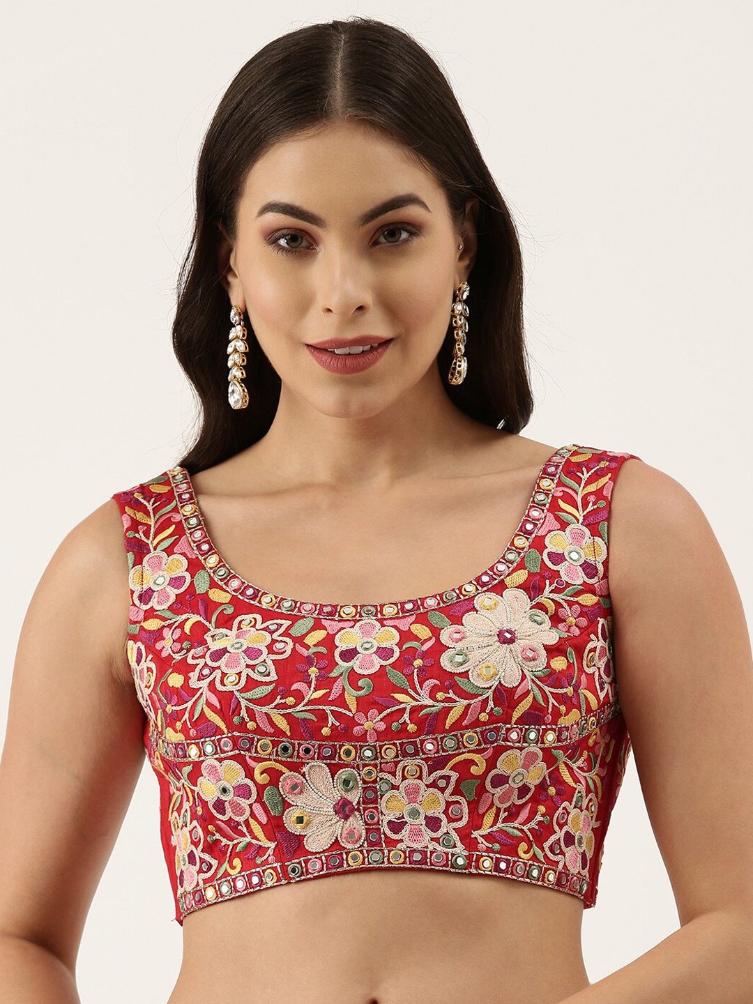 

panchhi Embroidered Mirror Work Round Neck Silk Saree Blouse, Red