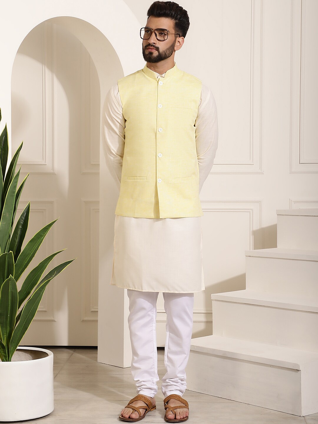 

SOJANYA Mandarin Collar Kurta With Churidar & Nehru Jacket, Cream