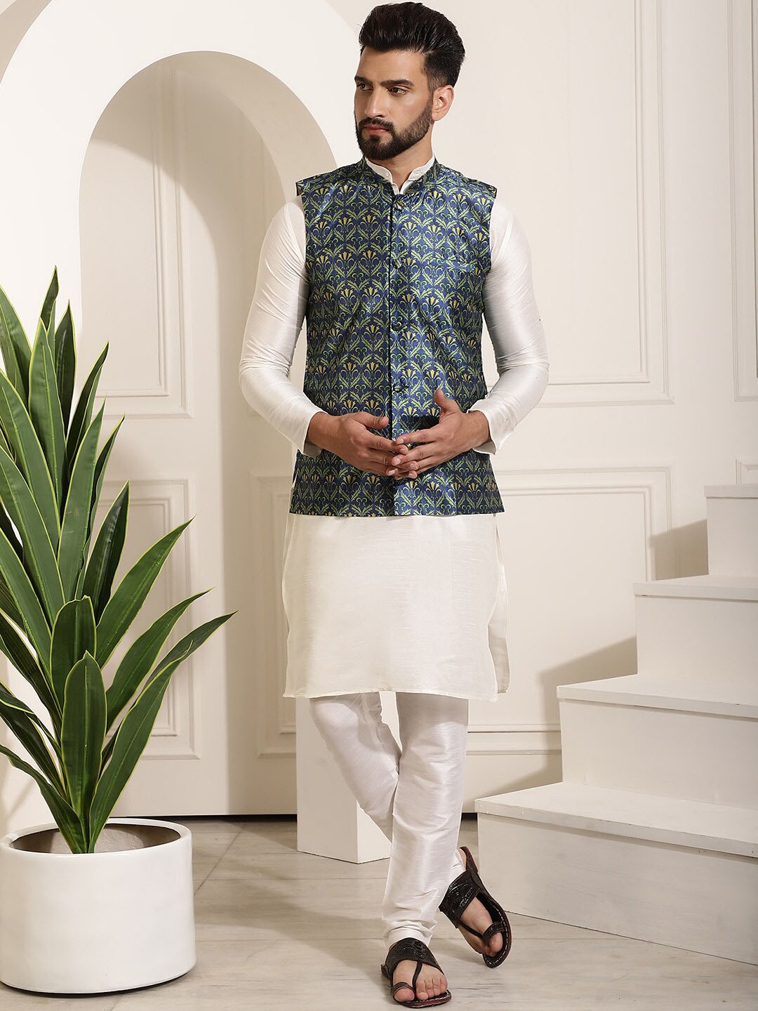 

SOJANYA Mandarin Collar Kurta With Churidar & Nehru Jacket, Cream