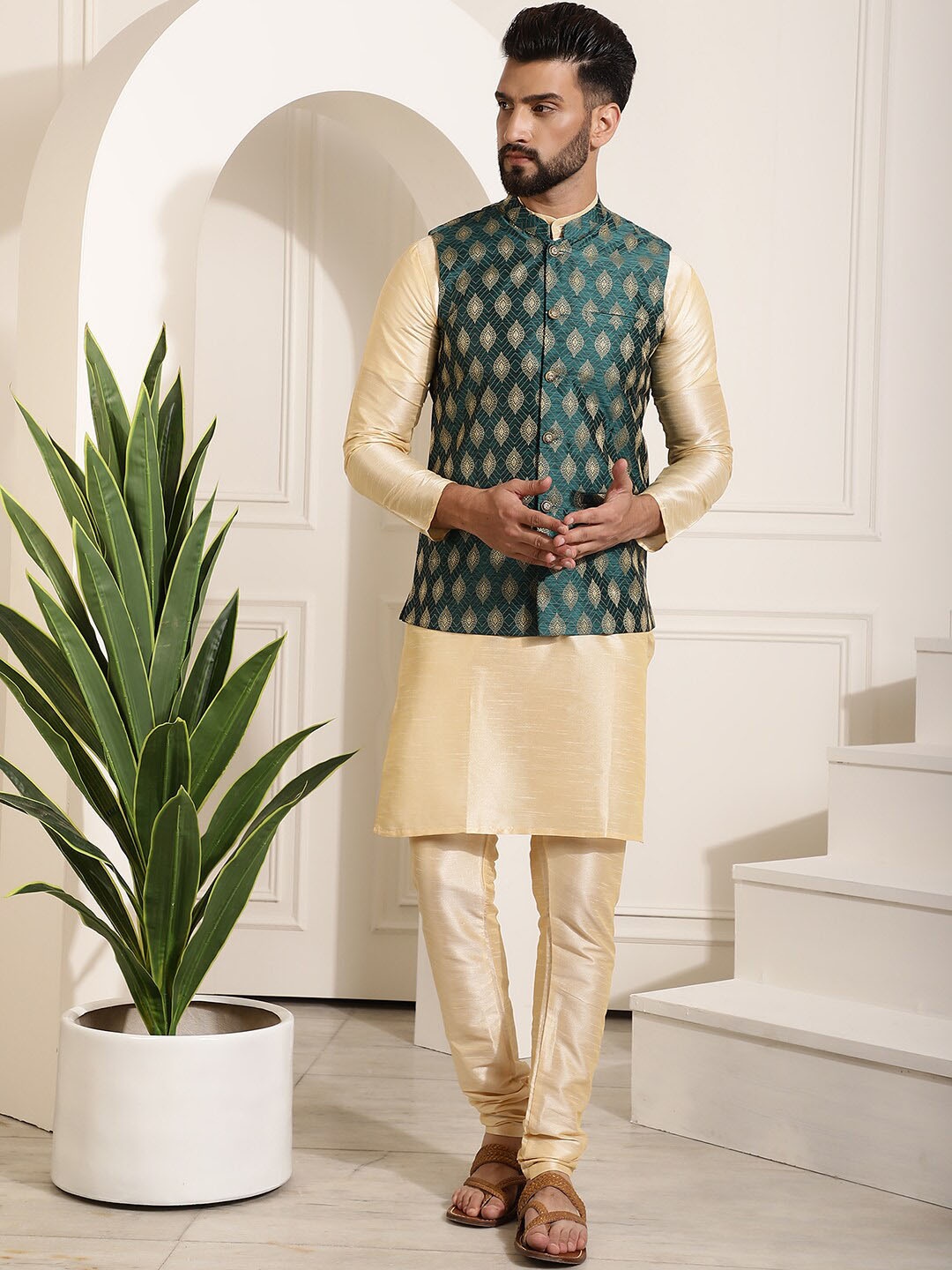 

SOJANYA Mandarin Collar Kurta With Churidar & Nehru Jacket, Gold