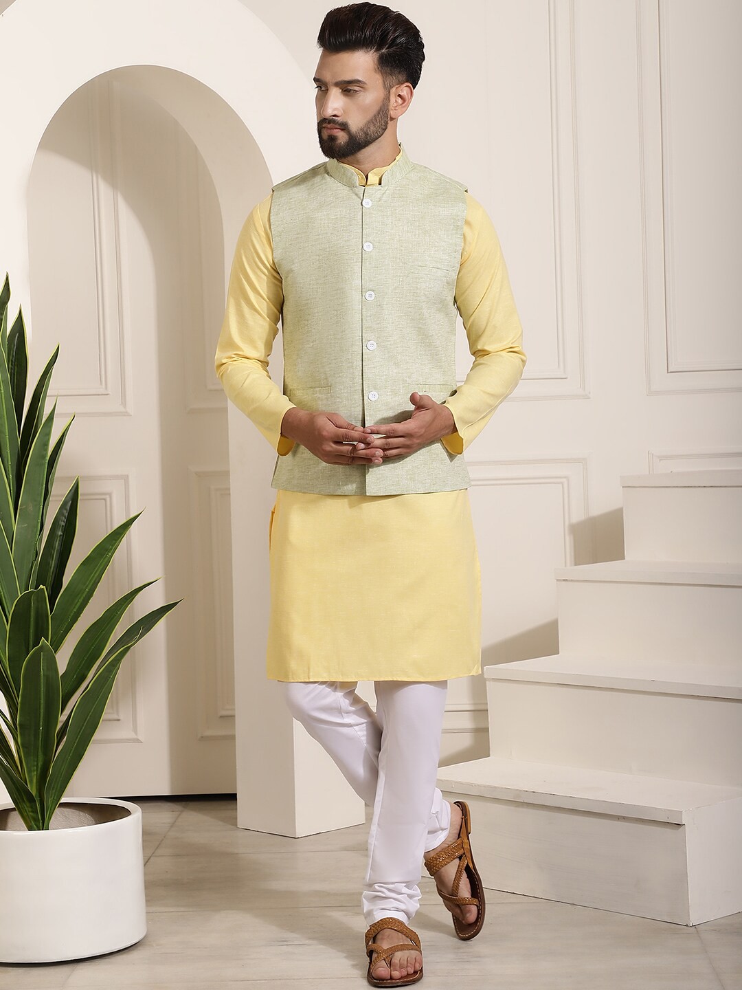 

SOJANYA Mandarin Collar Cotton Linen Kurta With Churidar & Nehru Jacket, Yellow