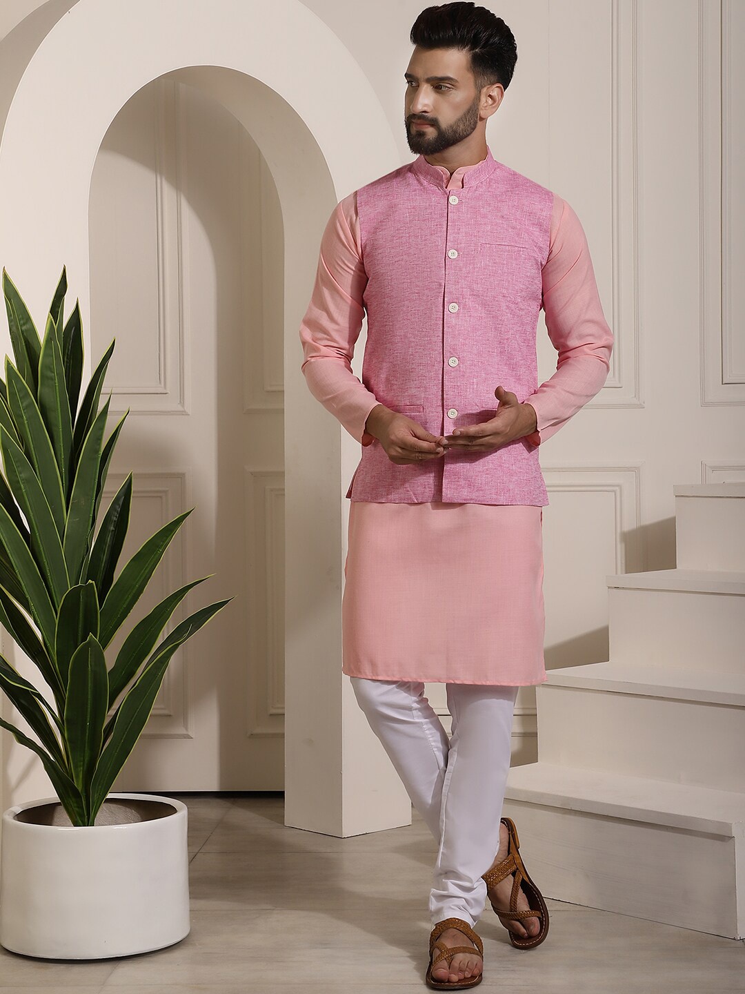 

SOJANYA Mandarin Collar Pure Cotton Kurta With Churidar & Nehru Jacket, Pink