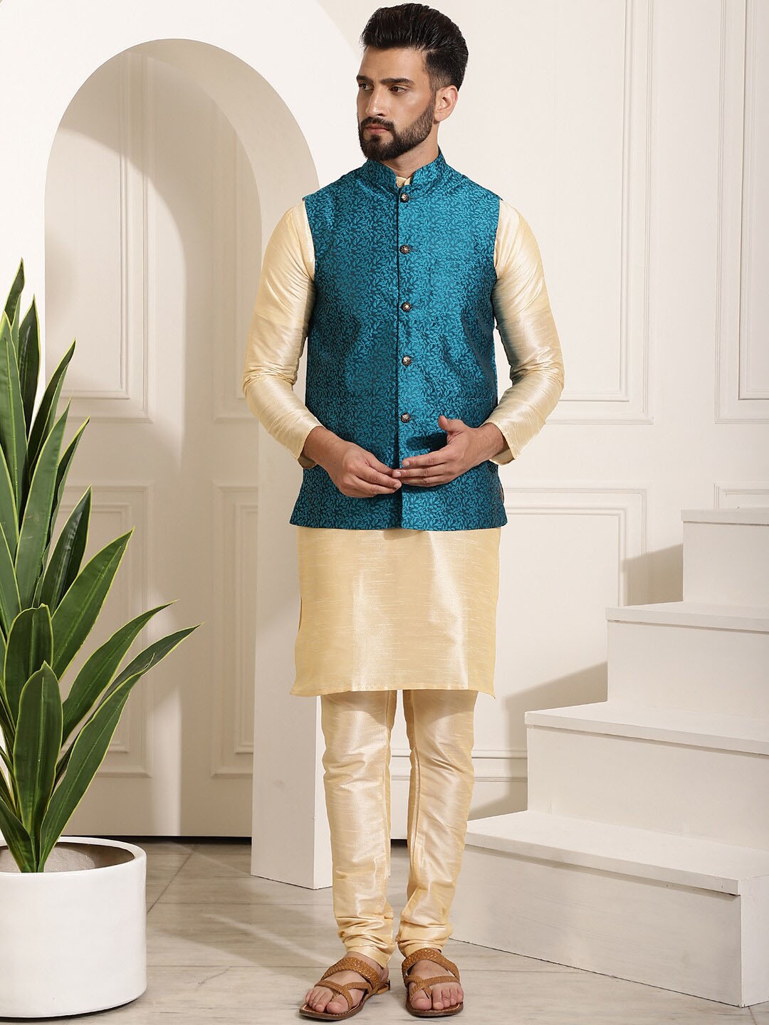 

SOJANYA Mandarin Collar Kurta With Churidar & Nehru Jacket, Gold