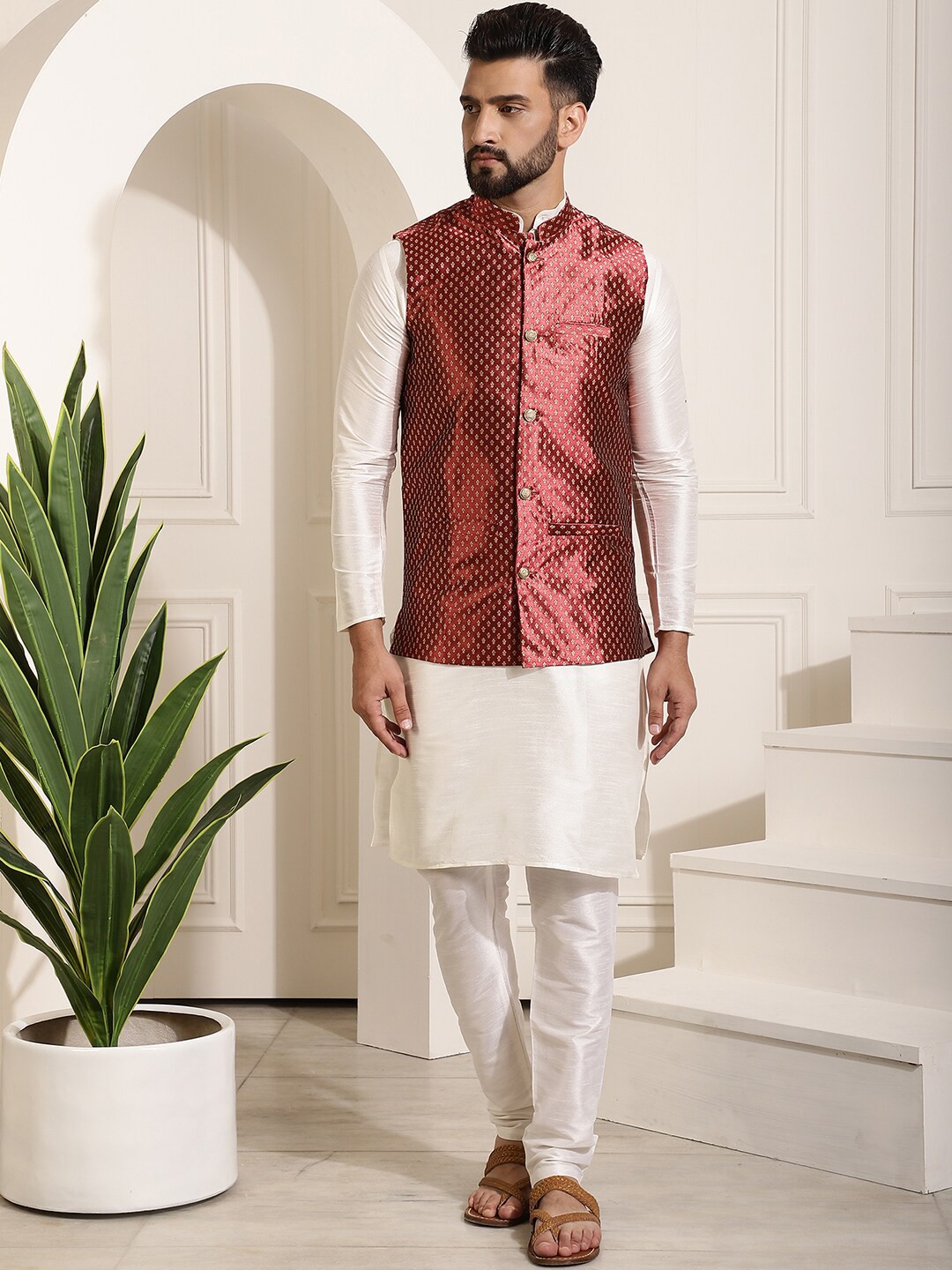 

SOJANYA Mandarin Collar Kurta With Churidar & Nehru Jacket, Cream