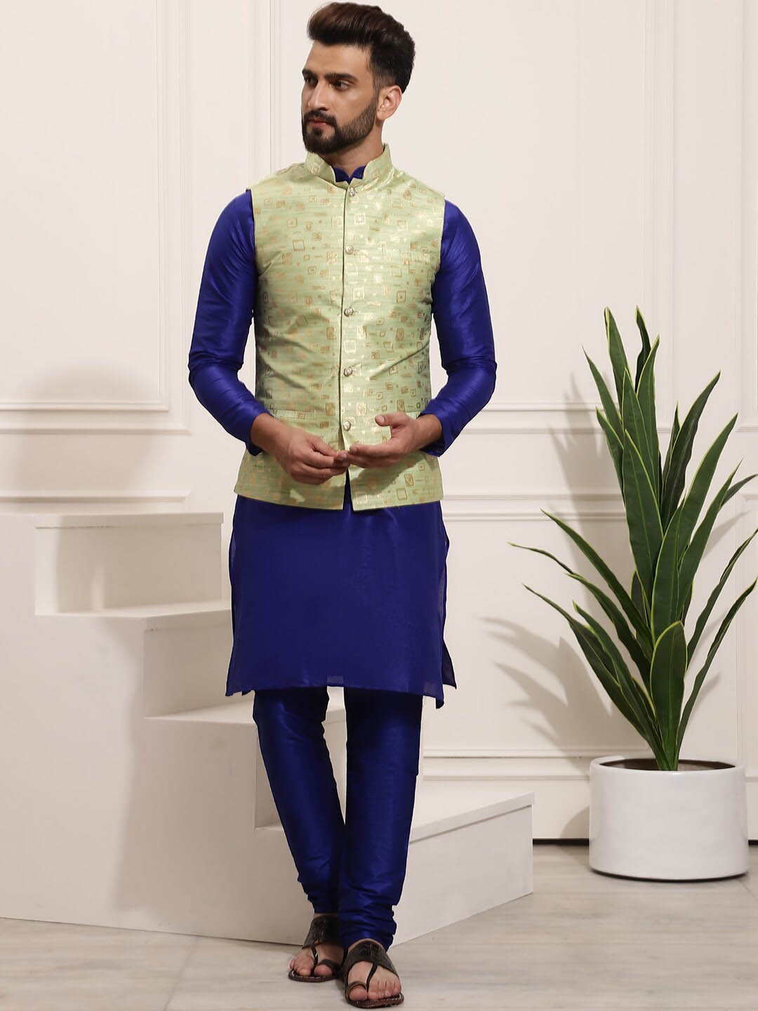 

SOJANYA Mandarin Collar Kurta With Churidar & Nehru Jacket, Blue