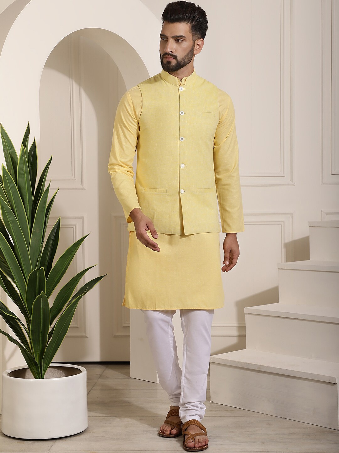 

SOJANYA Mandarin Collar Cotton Linen Kurta With Churidar & Nehru Jacket, Yellow