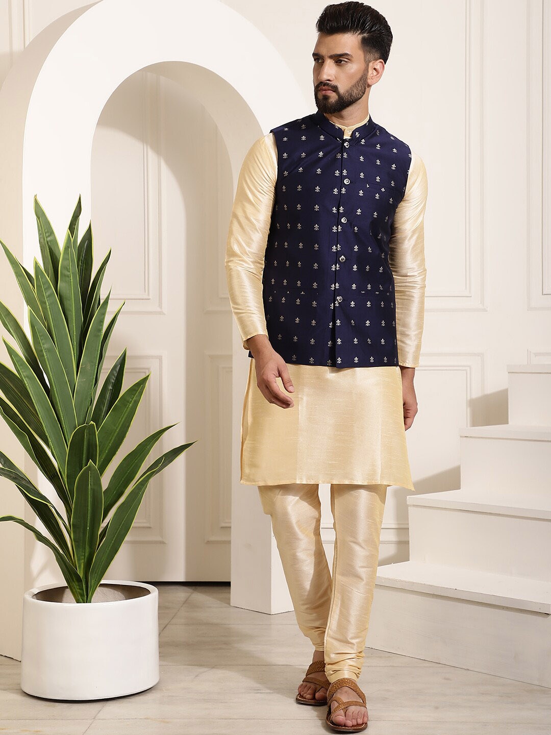 

SOJANYA Mandarin Collar Kurta With Churidar & Nehru Jacket, Gold