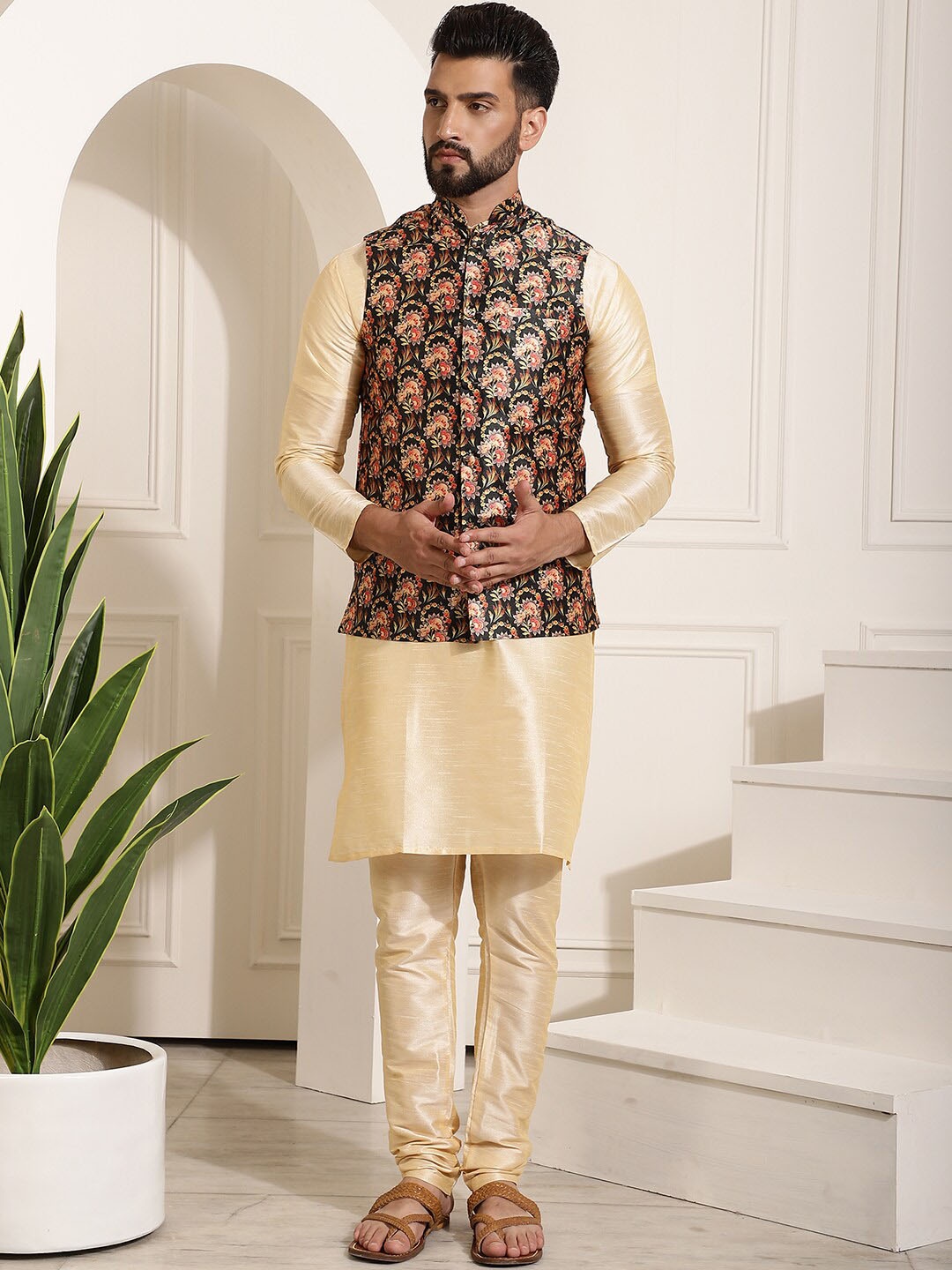 

SOJANYA Mandarin Collar Kurta With Churidar & Nehru Jacket, Gold