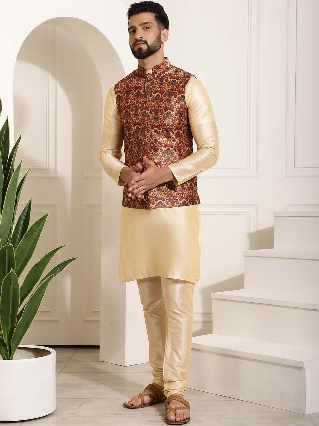 

SOJANYA Mandarin Collar Kurta With Churidar & Nehru Jacket, Gold