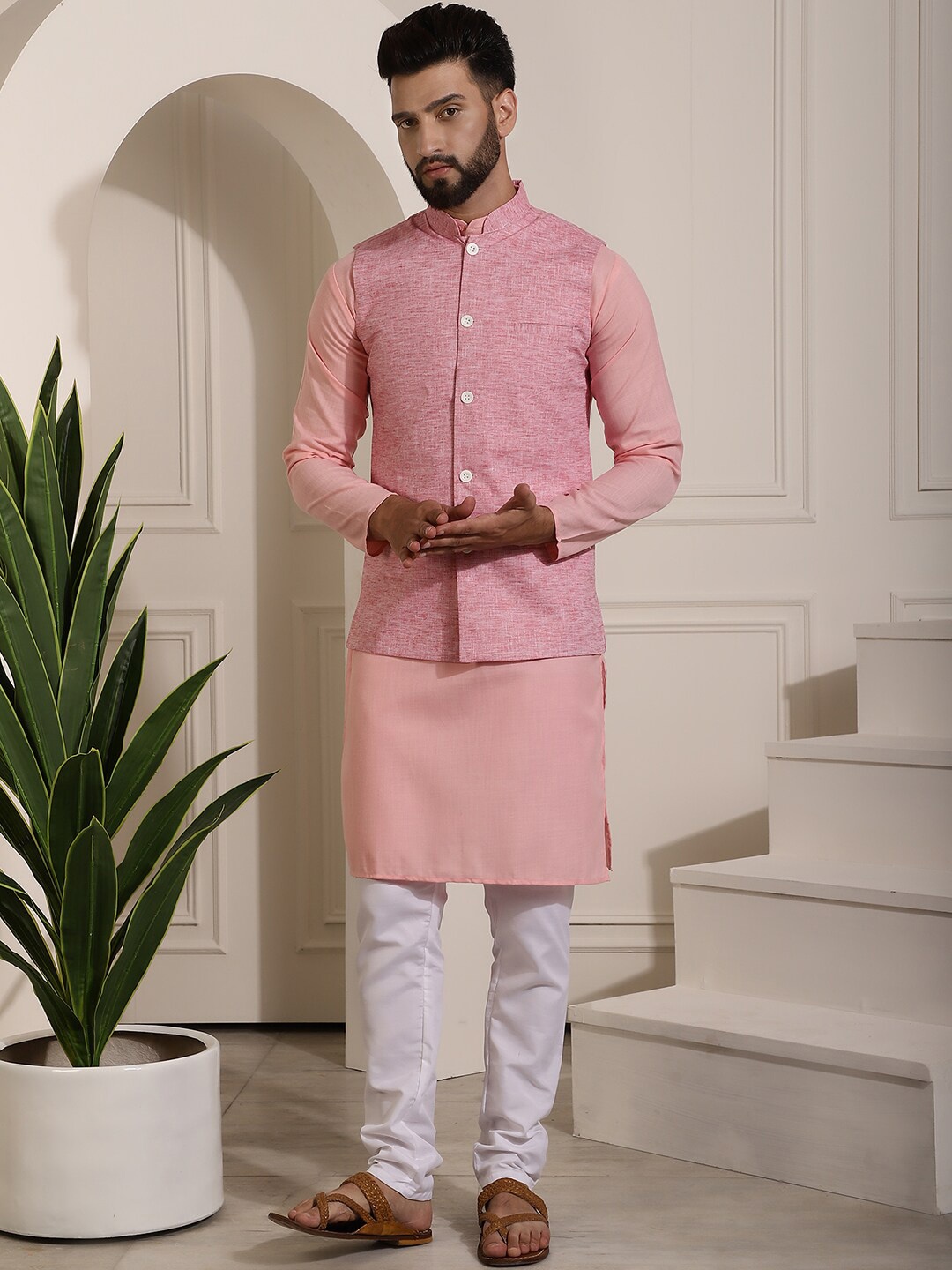 

SOJANYA Mandarin Collar Kurta With Churidar & Nehru Jacket, Pink