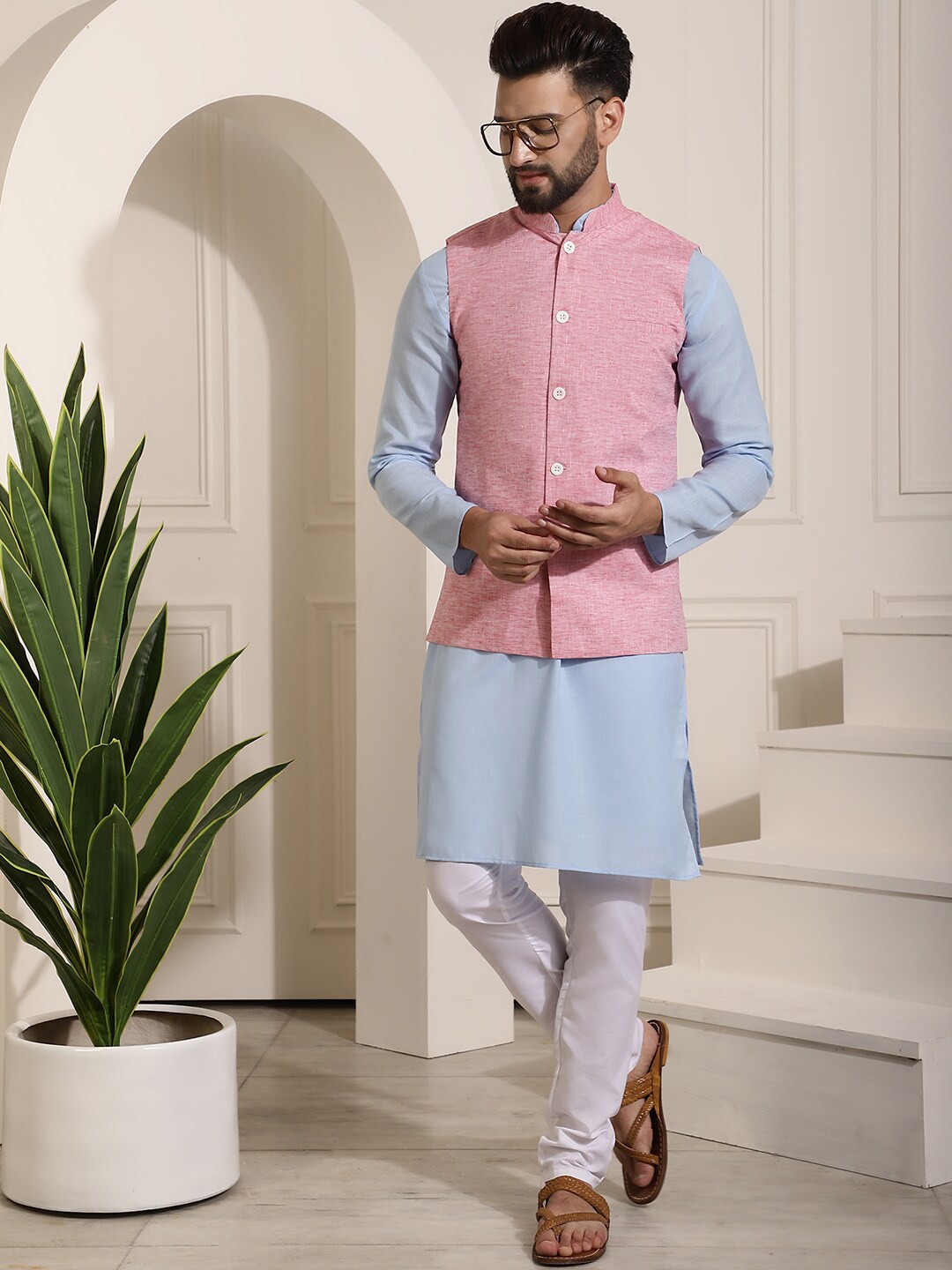 

SOJANYA Mandarin Collar Kurta With Churidar & Nehru Jacket, Blue