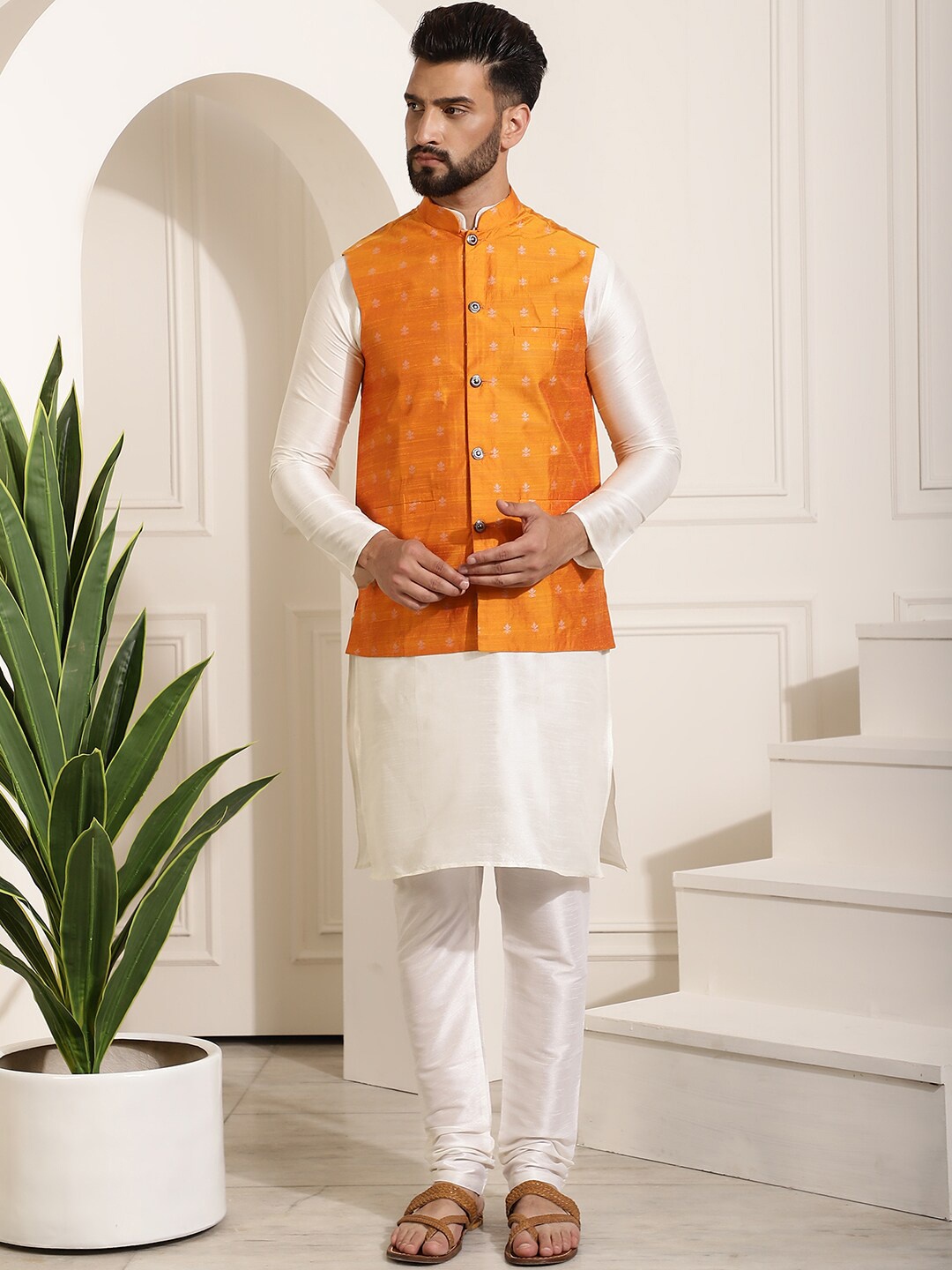 

SOJANYA Mandarin Collar Kurta With Churidar & Nehru Jacket, Cream