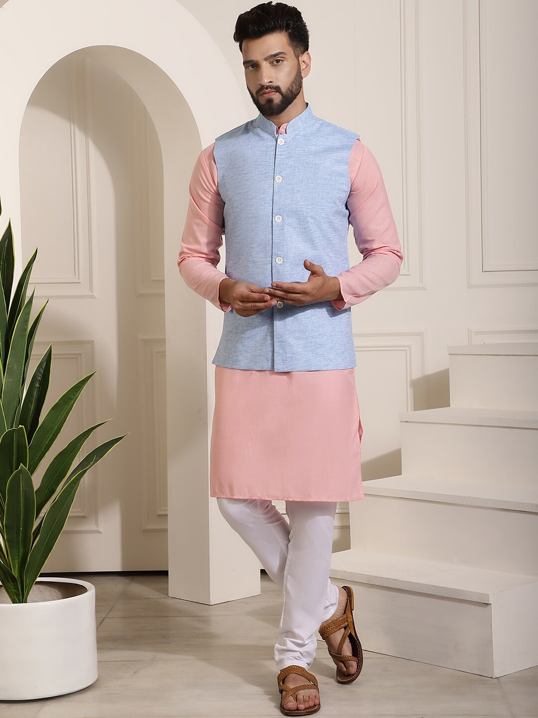 

SOJANYA Mandarin Collar Kurta With Churidar & Nehru Jacket, Pink