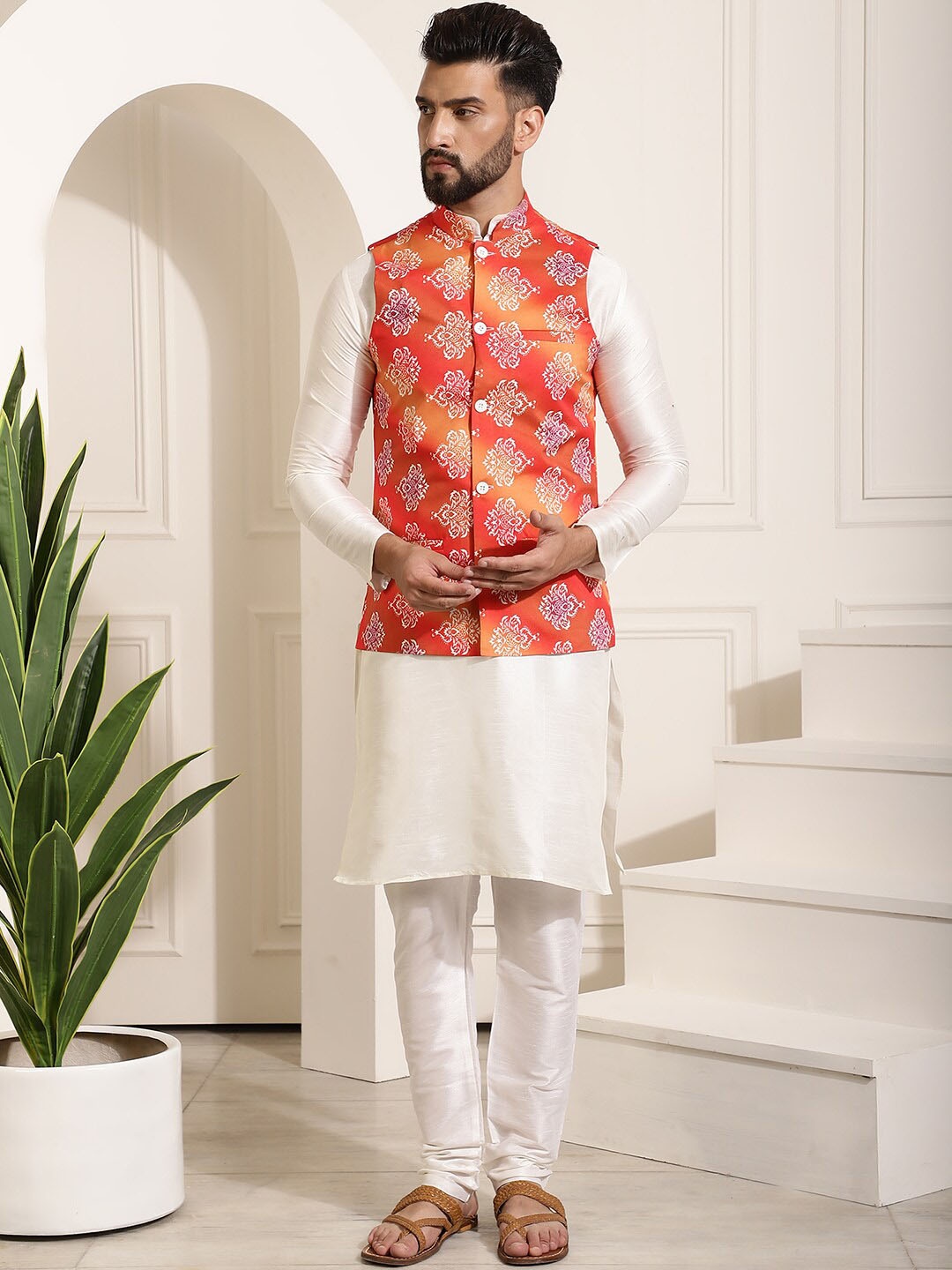 

SOJANYA Mandarin Collar Kurta With Churidar & Nehru Jacket, Cream