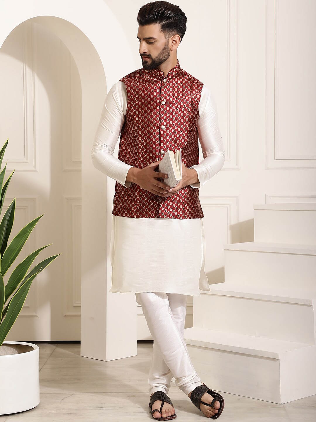 

SOJANYA Mandarin Collar Kurta With Churidar & Nehru Jacket, Cream
