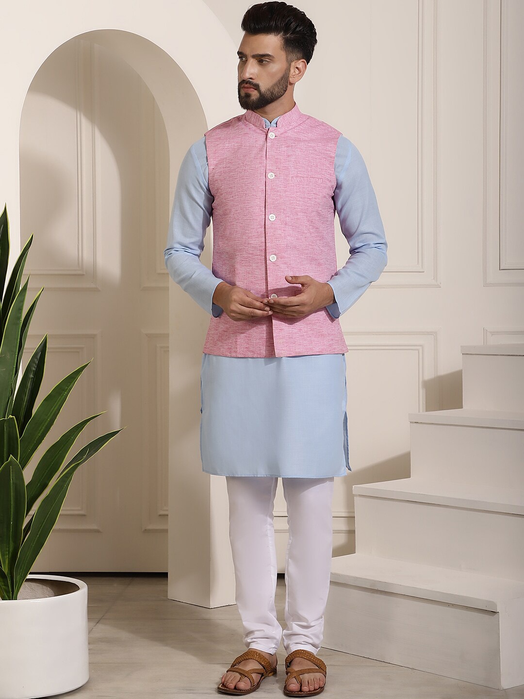 

SOJANYA Mandarin Collar Kurta With Churidar & Nehru Jacket, Blue