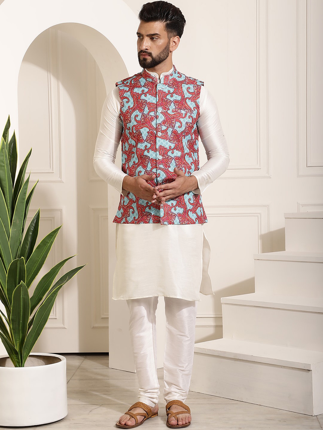 

SOJANYA Mandarin Collar Kurta With Churidar & Printed Nehru Jacket, Cream