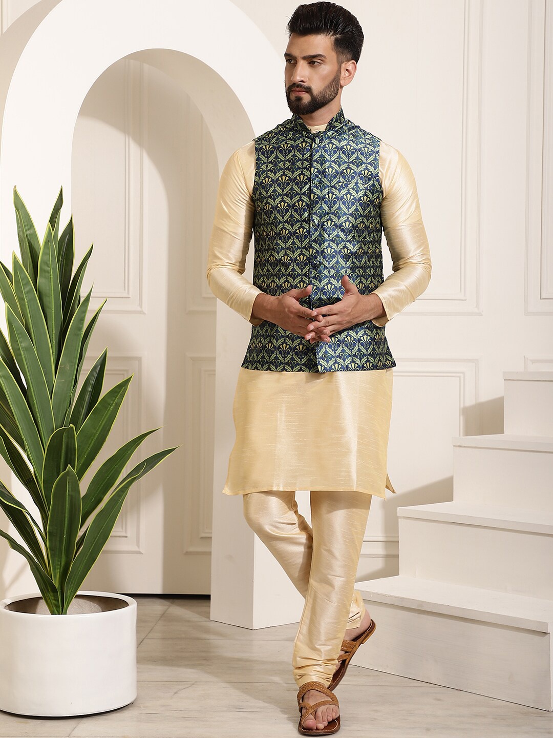 

SOJANYA Mandarin Collar Kurta With Churidar & Printed Nehru Jacket, Gold