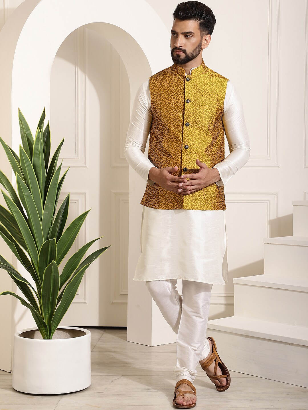 

SOJANYA Mandarin Collar Kurta With Churidar & Self Design Nehru Jacket, Cream