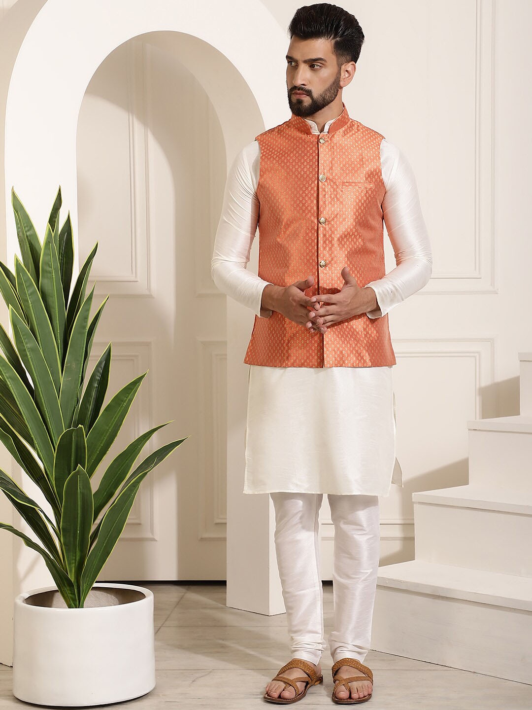 

SOJANYA Mandarin Collar Kurta With Churidar & Self Design Nehru Jacket, Cream