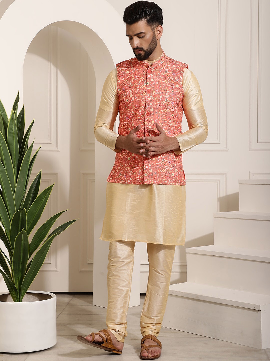 

SOJANYA Mandarin Collar Kurta With Churidar & Printed Nehru Jacket, Gold