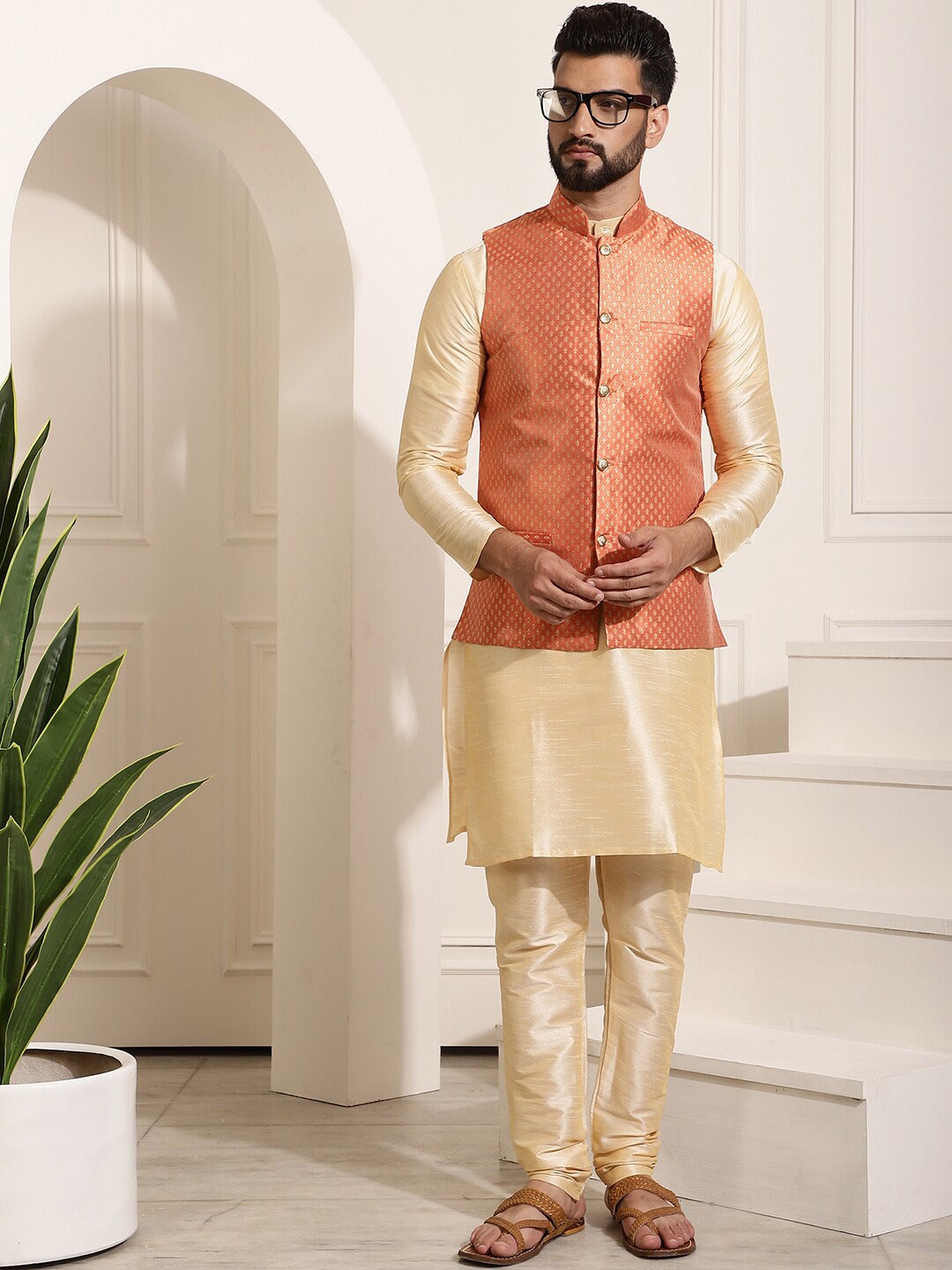 

SOJANYA Mandarin Collar Kurta With Churidar & Self Design Nehru Jacket, Gold