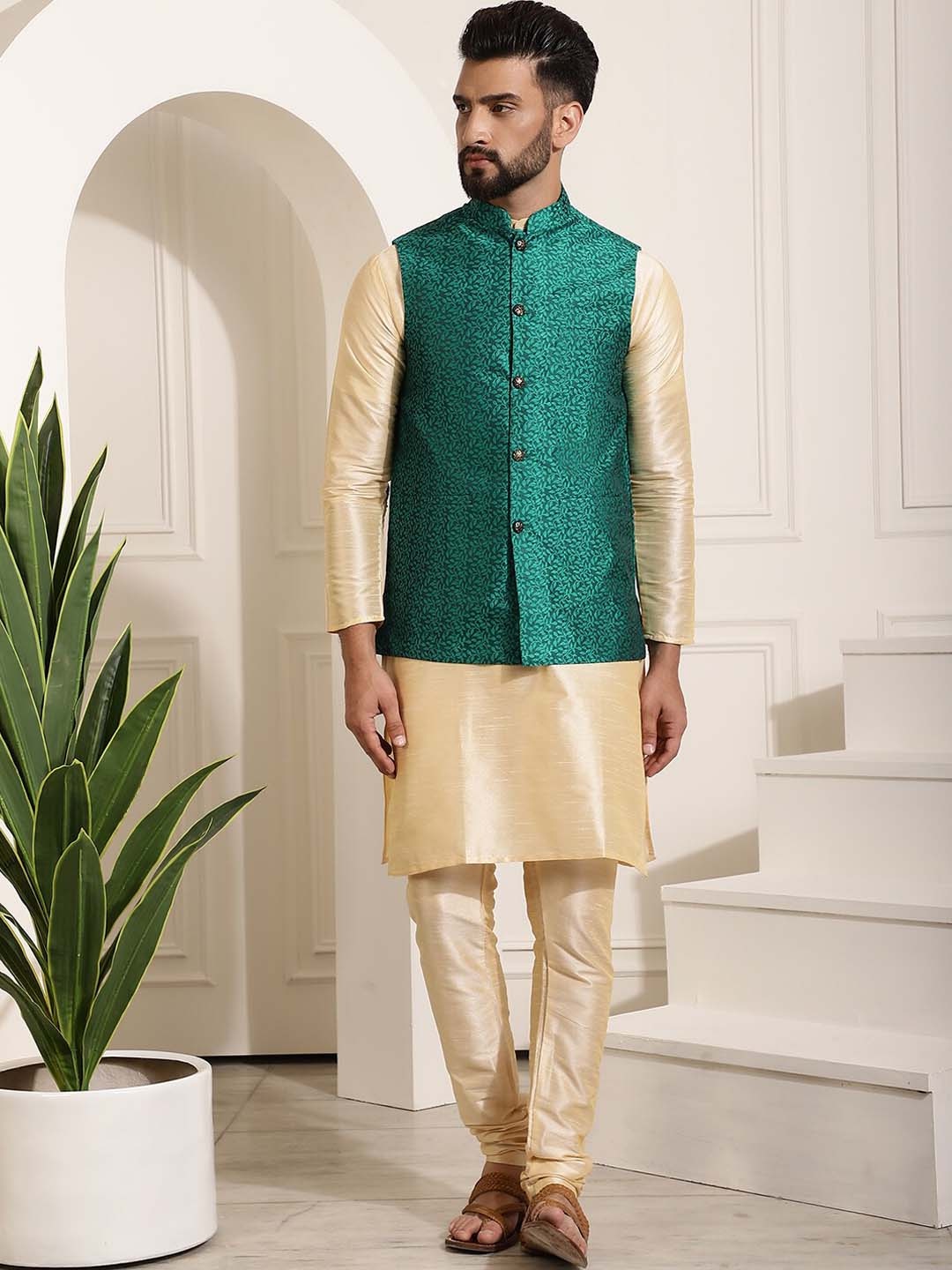 

SOJANYA Mandarin Collar Kurta With Churidar & Self Design Nehru Jacket, Gold
