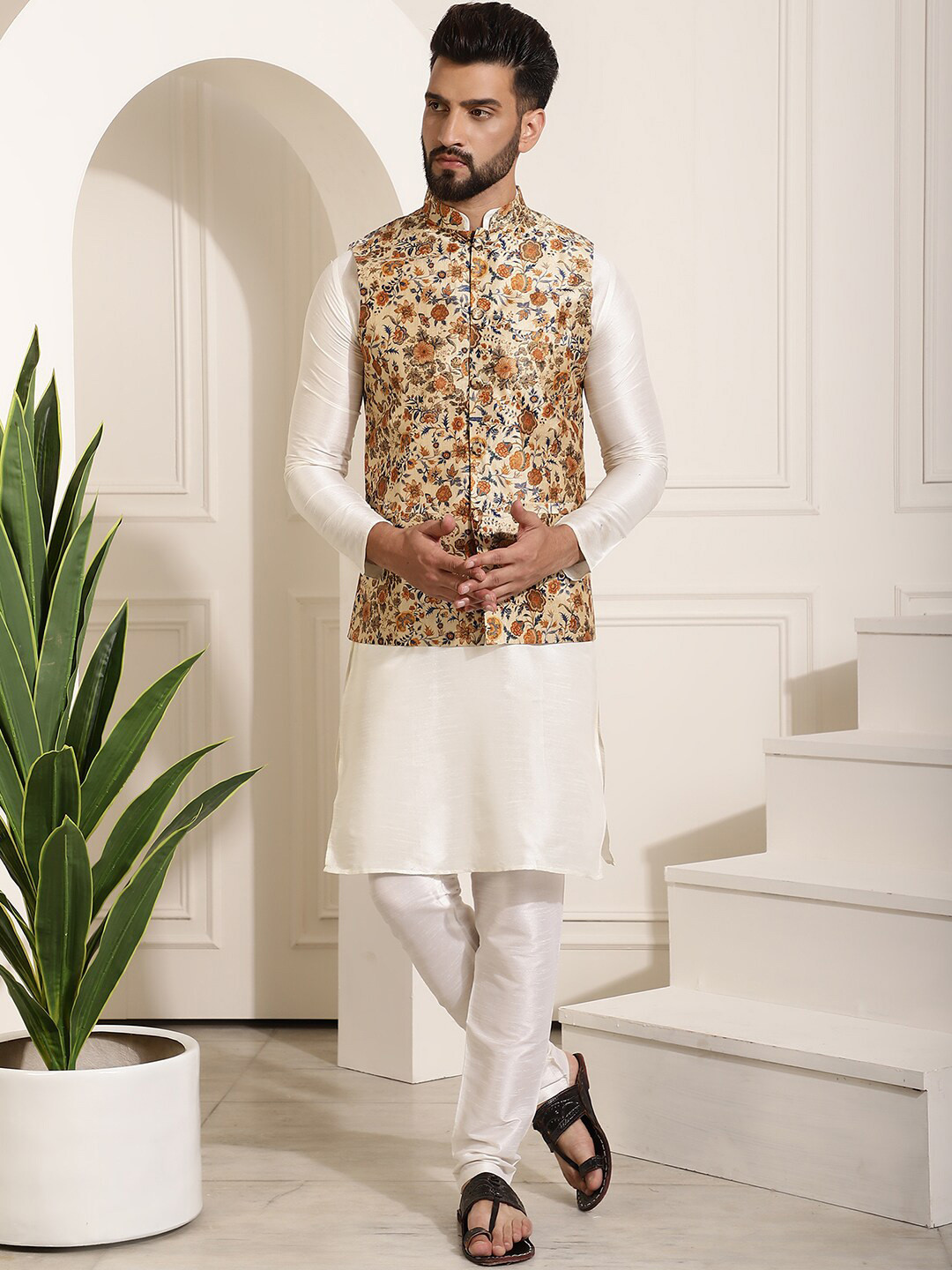 

SOJANYA Mandarin Collar Kurta With Churidar & Printed Nehru Jacket, Cream