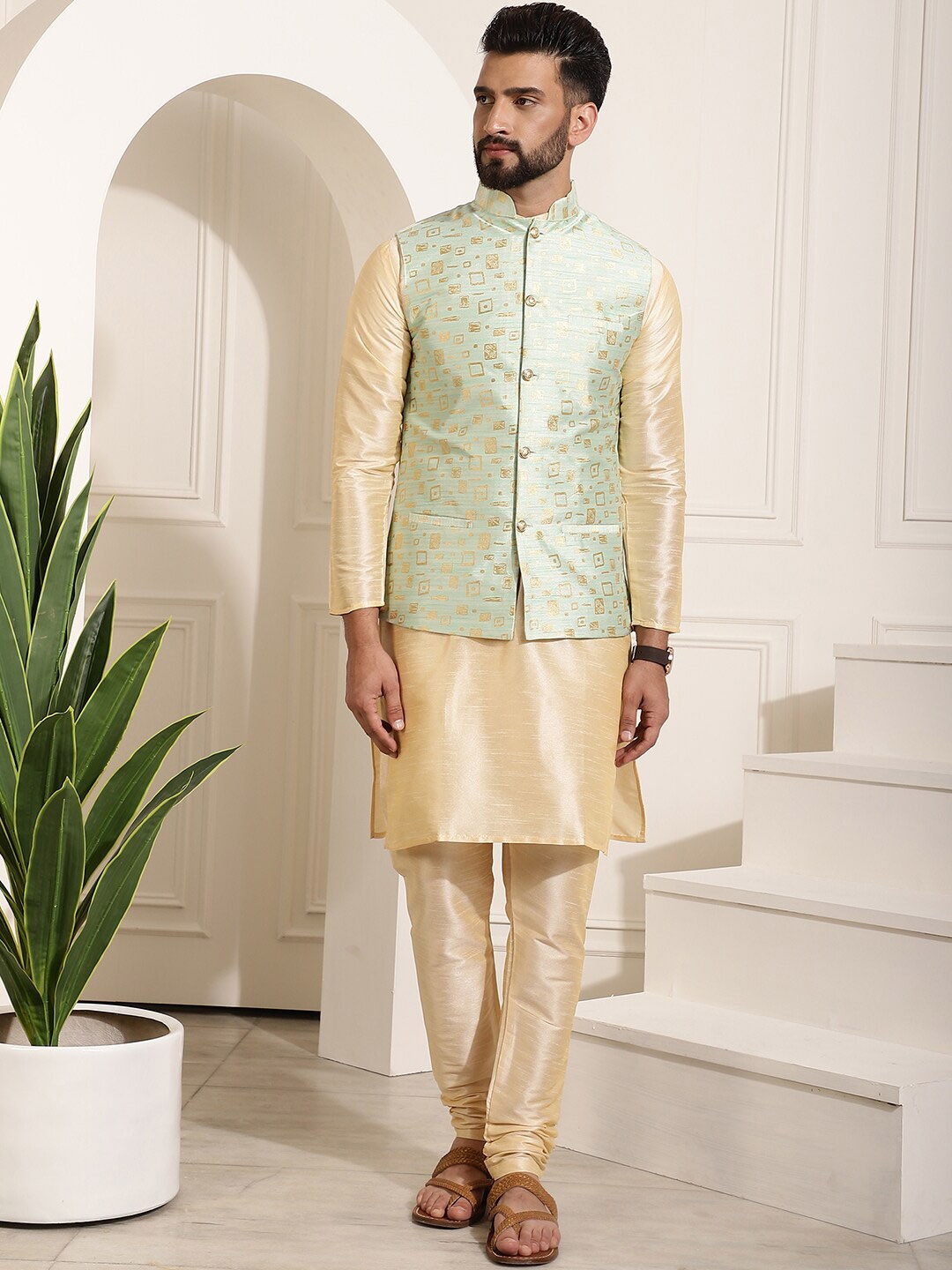 

SOJANYA Mandarin Collar Kurta With Churidar & Self Design Nehru Jacket, Gold